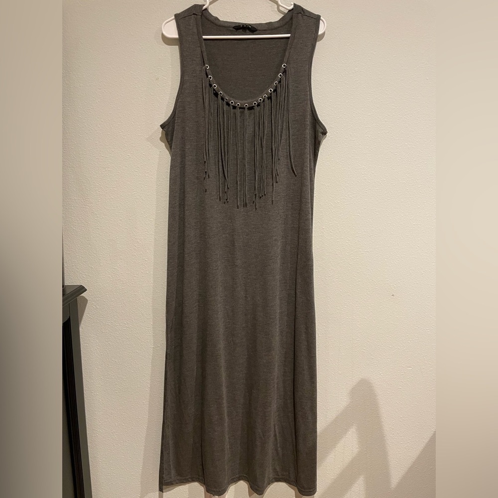 Just Love Gray tank maxi dress with front fringe details. Size 1X